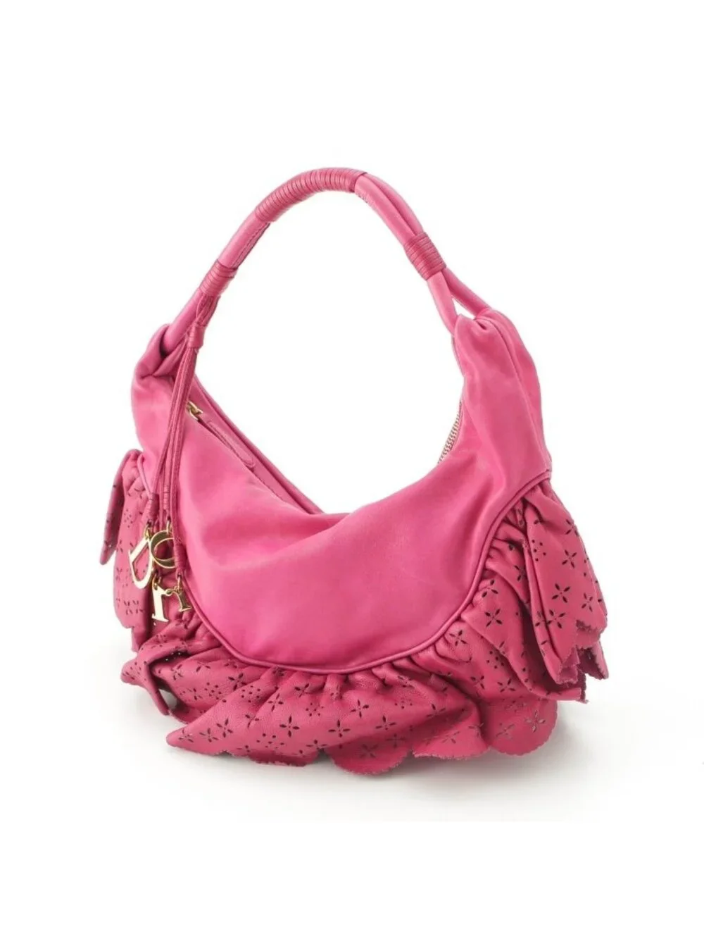 Dior Gypsy Leather Ruffle Hobo Shoulder Handbag Fuchsia Pink
